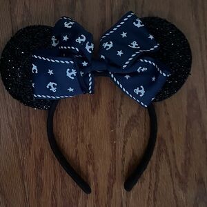 Black Glitter Ears with Navy Anchor Bow Headband